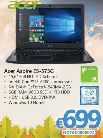 Promoties Acer aspire e5-575g - Acer - Geldig van 01/10/2016 tot 16/11/2016 bij Compudeals