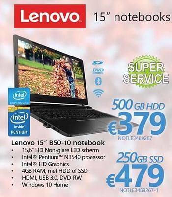 Promoties Lenovo b50-10 notebook - Lenovo - Geldig van 01/10/2016 tot 16/11/2016 bij Compudeals
