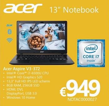 Promoties Notebook acer aspire v3-372 - Acer - Geldig van 01/10/2016 tot 16/11/2016 bij Compudeals
