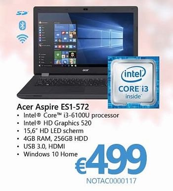 Promoties Notebook acer aspire es1-572 - Acer - Geldig van 01/10/2016 tot 16/11/2016 bij Compudeals