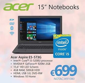 Promoties Notebook acer aspire e5-573g - Acer - Geldig van 01/10/2016 tot 16/11/2016 bij Compudeals