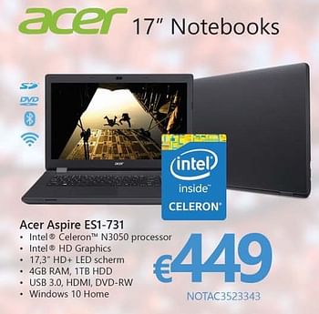 Promoties Notebook acer aspire es1-731 - Acer - Geldig van 01/10/2016 tot 16/11/2016 bij Compudeals
