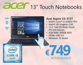 Promoties Touch notebook acer aspire v3-372t - Acer - Geldig van 01/10/2016 tot 16/11/2016 bij Compudeals