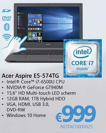 Promoties Touch notebook acer aspire e5-574tg - Acer - Geldig van 01/10/2016 tot 16/11/2016 bij Compudeals