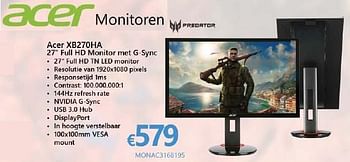 Promoties Acer predator xb270ha full hd monitor met g-sync - Acer - Geldig van 01/10/2016 tot 16/11/2016 bij Compudeals