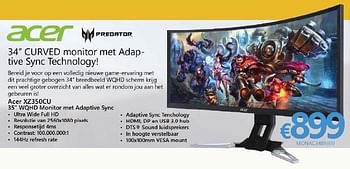 Promoties Acer predator xz350cu wqhd monitor met adaptive sync - Acer - Geldig van 01/10/2016 tot 16/11/2016 bij Compudeals