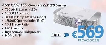 Promoties Acer projectoren k137i led compacte dlp led beamer - Acer - Geldig van 01/10/2016 tot 16/11/2016 bij Compudeals