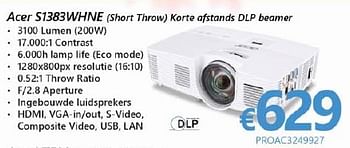 Promoties Acer projectoren s1383whne (short throw) korte afstands dlp beamer - Acer - Geldig van 01/10/2016 tot 16/11/2016 bij Compudeals