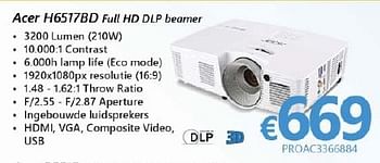Promotions Acer projectoren h6517bd full hd dlp beamer - Acer - Valide de 01/10/2016 à 16/11/2016 chez Compudeals