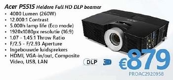 Promoties Acer projectoren p5515 heldere full hd dlp beamer - Acer - Geldig van 01/10/2016 tot 16/11/2016 bij Compudeals