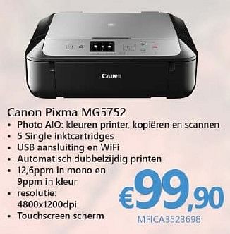 Promoties Canon printers pixma mg5752 - Canon - Geldig van 01/10/2016 tot 16/11/2016 bij Compudeals