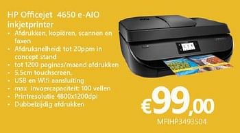 Promoties Hp officejet 4650 e-aio inkjetprinter - HP - Geldig van 01/10/2016 tot 16/11/2016 bij Compudeals