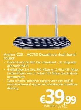 Promoties Archer c20 - ac750 draadloze dual band router - Archer - Geldig van 01/10/2016 tot 16/11/2016 bij Compudeals