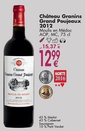 Promoties Château granins grand pouieaux 2012 moulis en médoc - Rode wijnen - Geldig van 03/10/2016 tot 31/10/2016 bij Cora