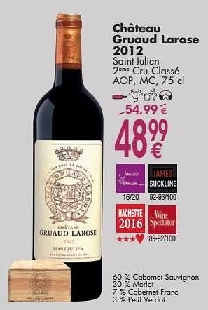 Promotions Château gruaud larose 2012 saint-julien cru classé - Vins rouges - Valide de 03/10/2016 à 31/10/2016 chez Cora