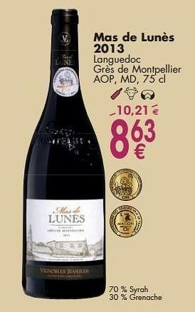 Promoties Mas de lunès 2013 languedoc grès de montpellier - Rode wijnen - Geldig van 03/10/2016 tot 31/10/2016 bij Cora