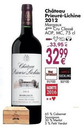 Promoties Château prieuré-lichine 2012 margaux asm+ru classé - Rode wijnen - Geldig van 03/10/2016 tot 31/10/2016 bij Cora