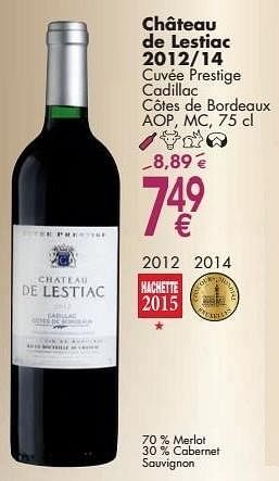 Promotions Château de lestiac 2012-14 cuvée prestige cadillac côtes de bordeaux - Vins rouges - Valide de 03/10/2016 à 31/10/2016 chez Cora