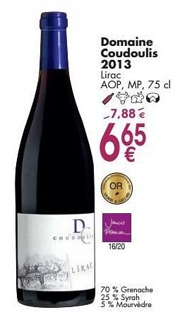 Promotions Domaine coudoulis 2013 lirac - Vins rouges - Valide de 03/10/2016 à 31/10/2016 chez Cora