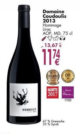 Promoties Domaine coudoulis 2013 hommage lirac - Rode wijnen - Geldig van 03/10/2016 tot 31/10/2016 bij Cora