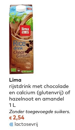 Promotions Lima rijstdrink met chocolade en calcium of hazelnoot en amandel - Lima - Valide de 05/10/2016 à 01/11/2016 chez Bioplanet