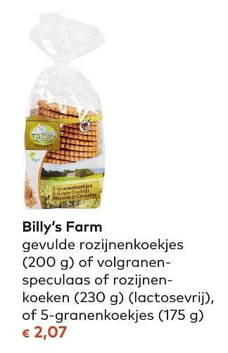 Promotions Billy`s farm gevulde rozijnenkoekjes - Billy's farm - Valide de 05/10/2016 à 01/11/2016 chez Bioplanet