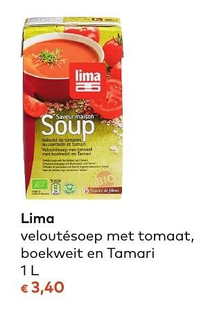Promoties Lima veloutésoep met tomaat, boekweit en tamari - Lima - Geldig van 05/10/2016 tot 01/11/2016 bij Bioplanet