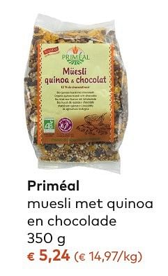 Promoties Priméal muesli met quinoa en chocolade - Priméal - Geldig van 05/10/2016 tot 01/11/2016 bij Bioplanet