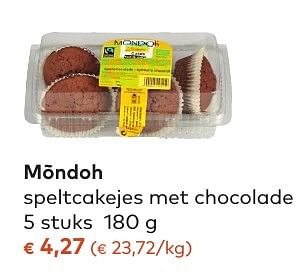 Promotions Mõndoh speltcakejes met chocolade - Möndoh - Valide de 05/10/2016 à 01/11/2016 chez Bioplanet