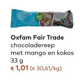 Promotions Oxfam fair trade chocoladereep met mango en kokos - Oxfam Fairtrade - Valide de 05/10/2016 à 01/11/2016 chez Bioplanet