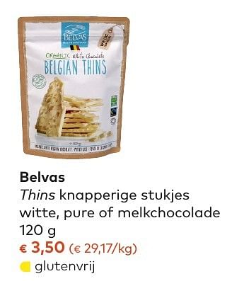 Promotions Belvas thins knapperige stukjes witte, pure of melkchocolade - Belvas - Valide de 05/10/2016 à 01/11/2016 chez Bioplanet