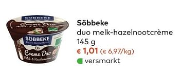 Promotions Söbbeke duo melk-hazelnootcrème - Sobbeke - Valide de 05/10/2016 à 01/11/2016 chez Bioplanet
