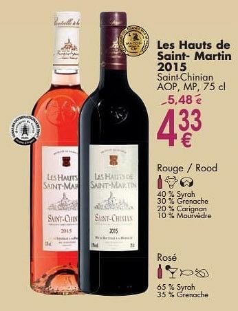 Promoties Les hauts de saint martin 2015 saint chinian - Rode wijnen - Geldig van 03/10/2016 tot 31/10/2016 bij Cora
