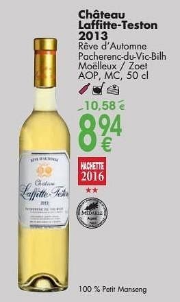 Promoties Château laffitte teston 2013 rêve d`automne pacherenc du vic bilh moelleux - Witte wijnen - Geldig van 03/10/2016 tot 31/10/2016 bij Cora