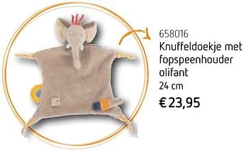 Promoties Knuffeldoekje met fopspeenhouder olifant 24 cm - Huismerk - De Speelvogel - Geldig van 01/10/2016 tot 31/12/2016 bij De Speelvogel