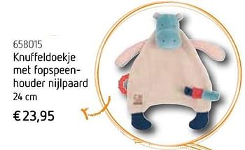 Promotions Knuffeldoekje met fopspeenhouder nijlpaard 24 cm - Produit Maison - De Speelvogel - Valide de 01/10/2016 à 31/12/2016 chez De Speelvogel