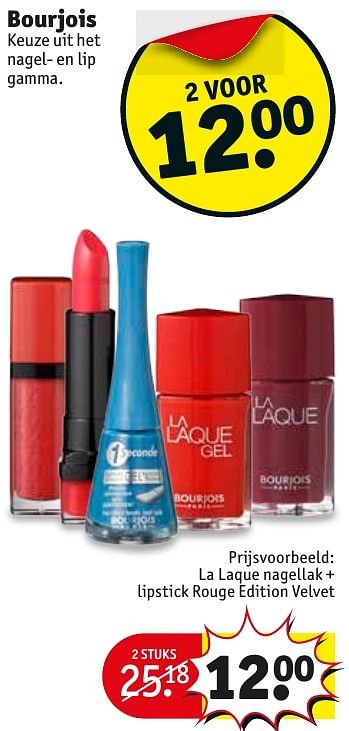 Promotions Bourjois la laque nagellak + lipstick rouge edition velvet - Bourjois - Valide de 10/10/2016 à 23/10/2016 chez Kruidvat