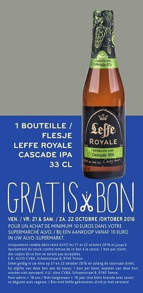 Promotions 1 bouteille leffe royale cascade ipa - Leffe - Valide de 19/10/2016 à 01/11/2016 chez Alvo