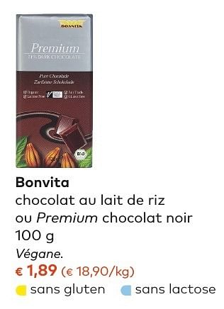 Promotions Bonvita chocolat au lait de riz ou premium chocolat noir - Bonvita - Valide de 05/10/2016 à 01/11/2016 chez Bioplanet