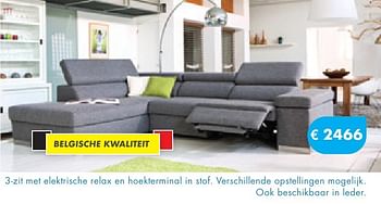 Promoties 3-zit met elektrische relax en hoekterminal in stof. - Huismerk - O & O Trendy Wonen - Geldig van 09/10/2016 tot 27/11/2016 bij O & O Trendy Wonen