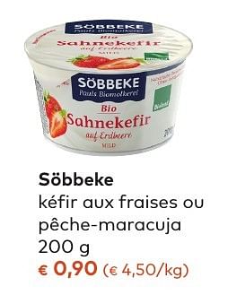 Promotions Söbbeke kéfir aux fraises ou pêche-maracuja - Sobbeke - Valide de 05/10/2016 à 01/11/2016 chez Bioplanet