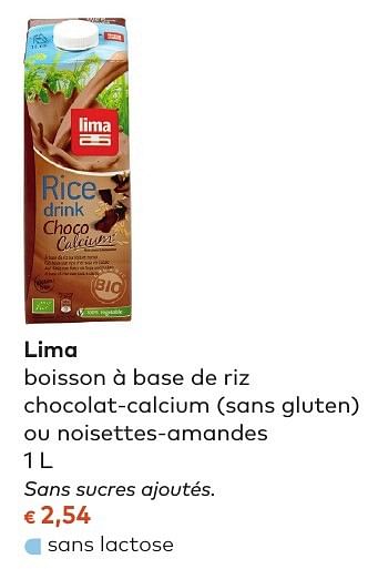 Promotions Lima boisson à base de riz chocolat-calcium (sans gluten) ou noisettes-amandes - Lima - Valide de 05/10/2016 à 01/11/2016 chez Bioplanet