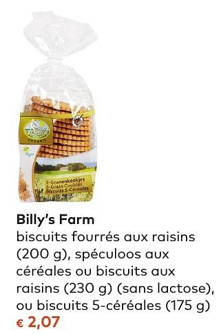 Promotions Billy`s farm biscuits fourrés aux raisins - Billy's farm - Valide de 05/10/2016 à 01/11/2016 chez Bioplanet