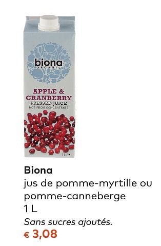 Promoties Biona jus de pomme-myrtille ou pomme-canneberge - Biona - Geldig van 05/10/2016 tot 01/11/2016 bij Bioplanet