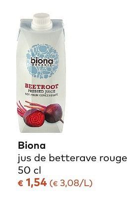 Promotions Biona jus de betterave rouge - Biona - Valide de 05/10/2016 à 01/11/2016 chez Bioplanet