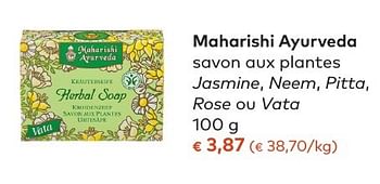Promotions Maharishi ayurveda savon aux plantes jasmine, neem, pitta, rose ou vata - Maharishi Ayurveda - Valide de 05/10/2016 à 01/11/2016 chez Bioplanet