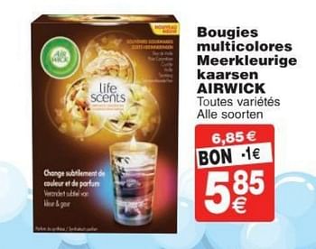 Promoties Bougies multicolores meerkleurige kaarsen airwick - Airwick - Geldig van 11/10/2016 tot 24/10/2016 bij Cora