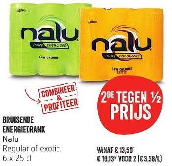 Promotions Bruisende energiedrank nalu regular of exotic - Nalu - Valide de 13/10/2016 à 19/10/2016 chez Delhaize