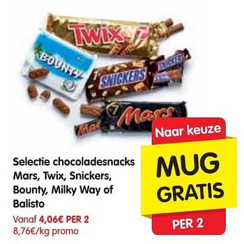 Promotions Selectie chocoladesnacks mars, twix, snickers, bounty, milky way of balisto - Mars Snacks - Valide de 13/10/2016 à 19/10/2016 chez Red Market