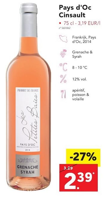 Promoties Pays d`oc cinsault - Rosé wijnen - Geldig van 17/10/2016 tot 22/10/2016 bij Lidl